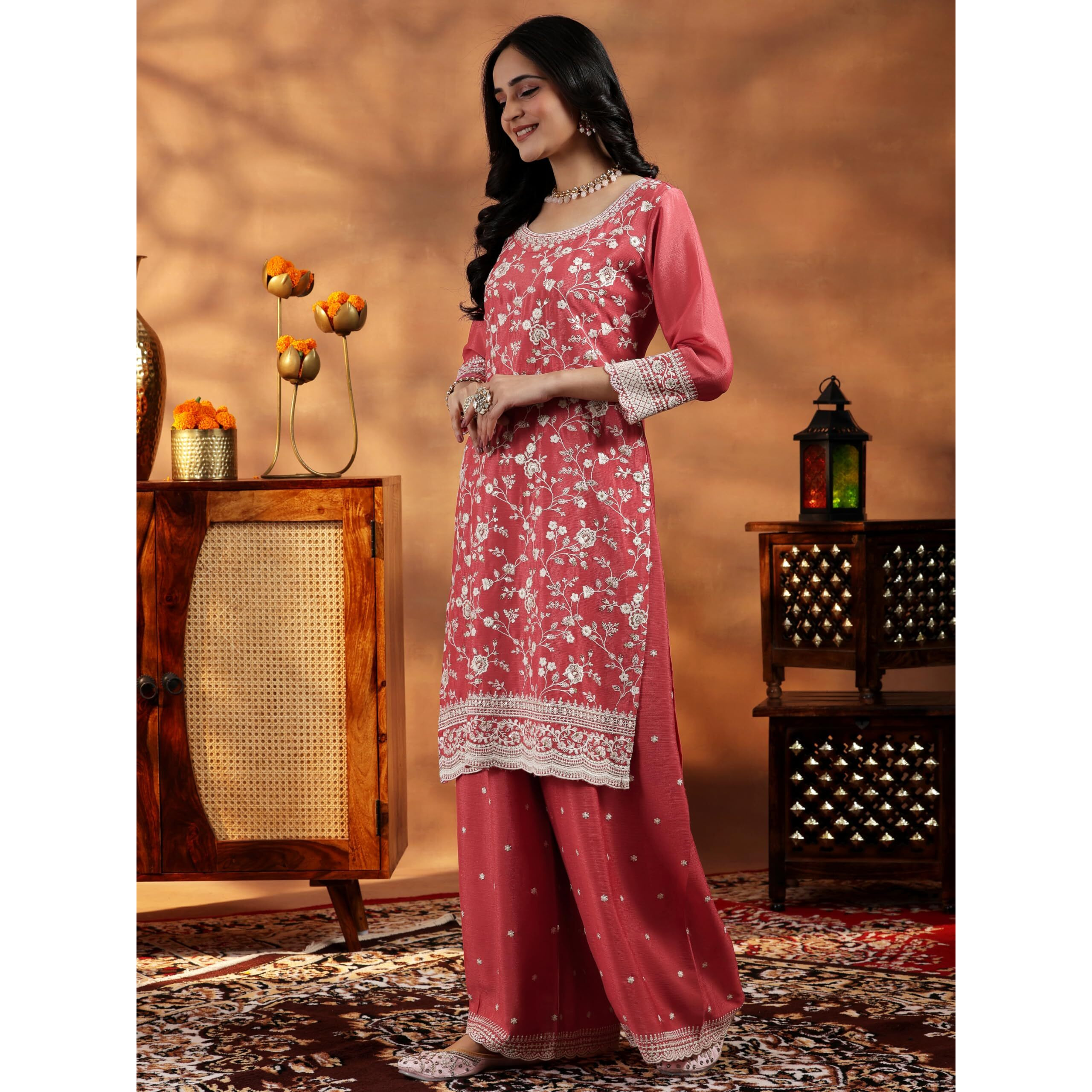 Libas Womens Embroidered Silk Blend Straight Kurta With Palazzos And Dupatta