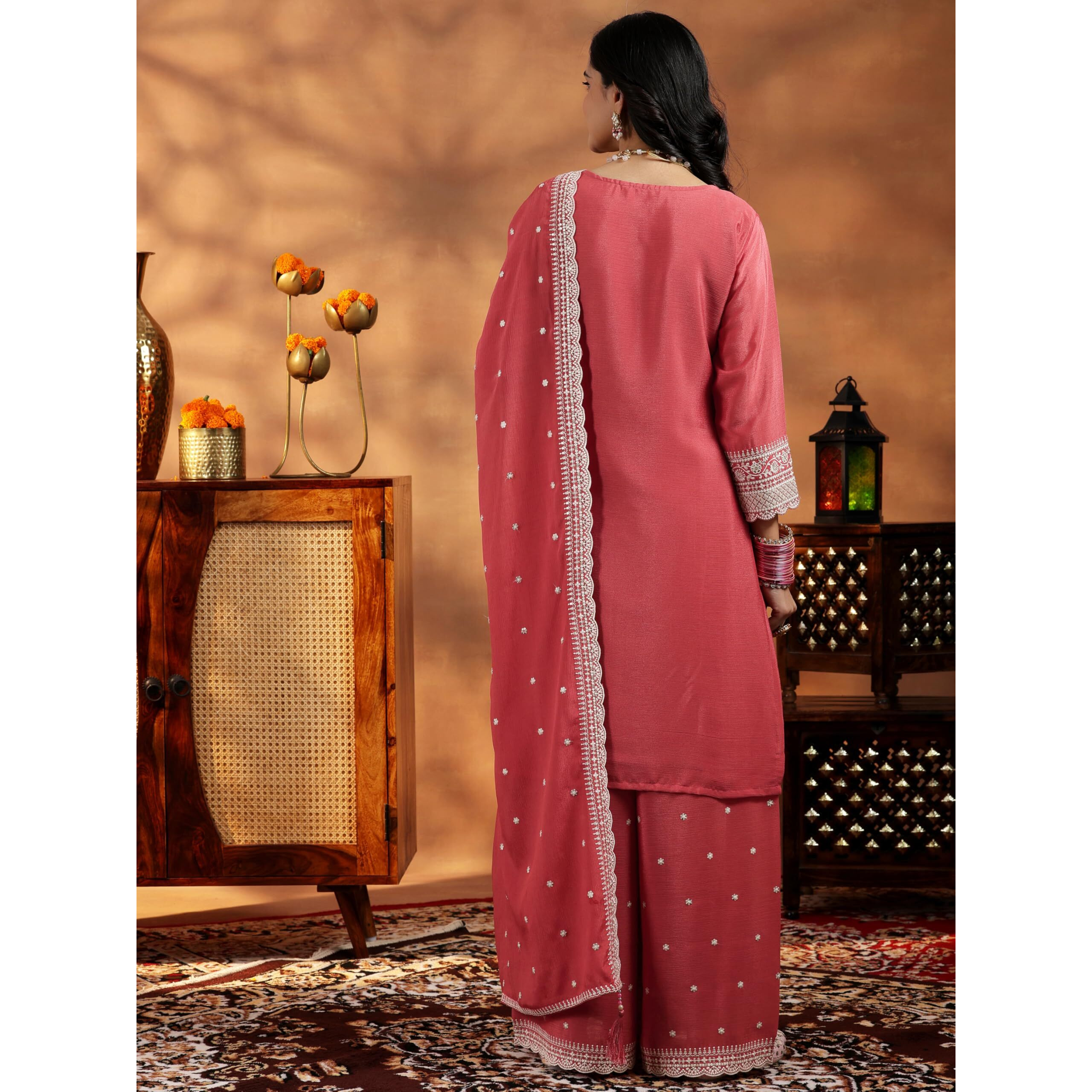 Libas Womens Embroidered Silk Blend Straight Kurta With Palazzos And Dupatta