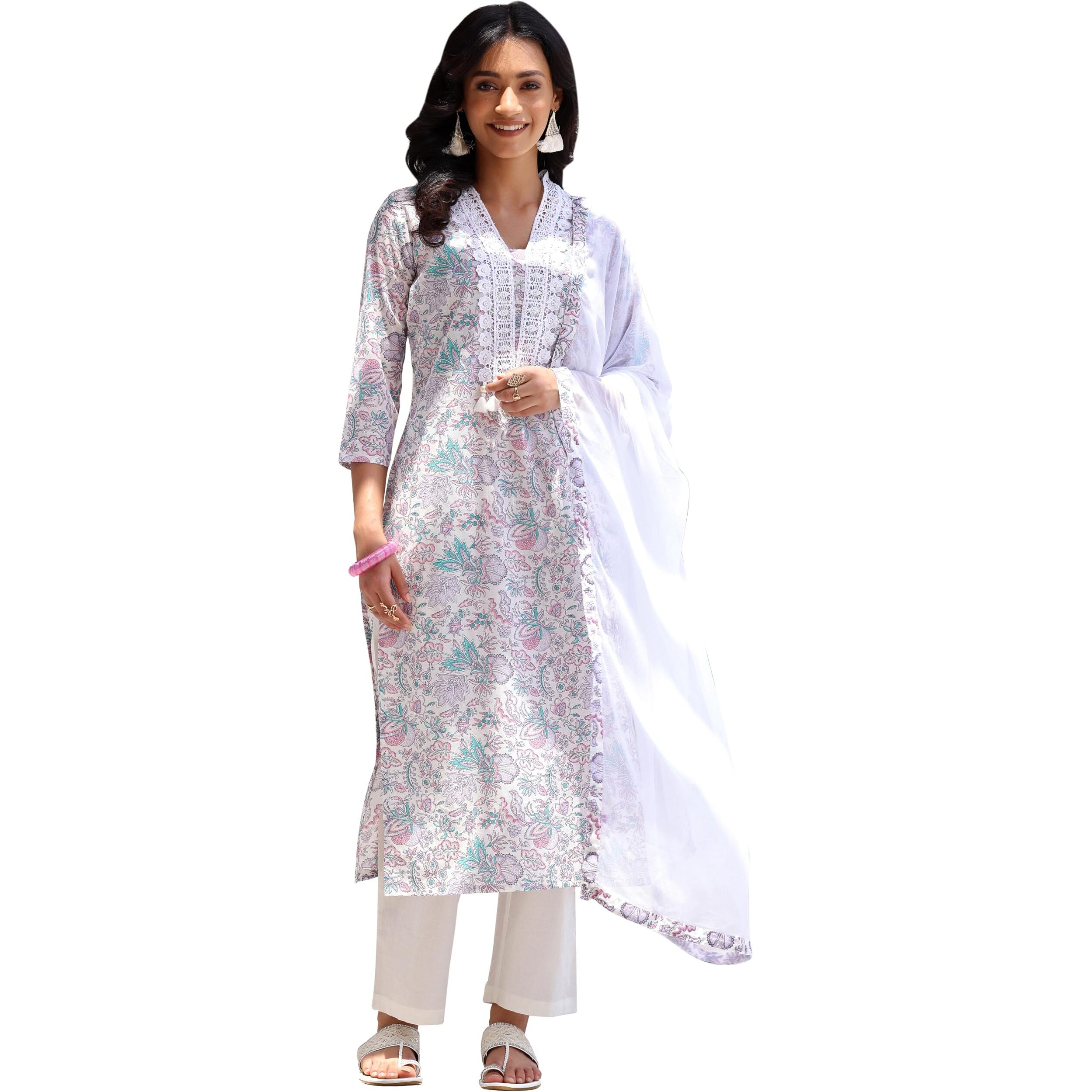 Libas Womens Printed Cotton Straight Kurta With Trousers And Dupatta