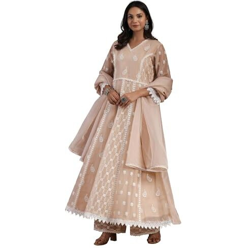 Libas Womens Embroidered Organza A-Line Kurta With Palazzos And Dupatta