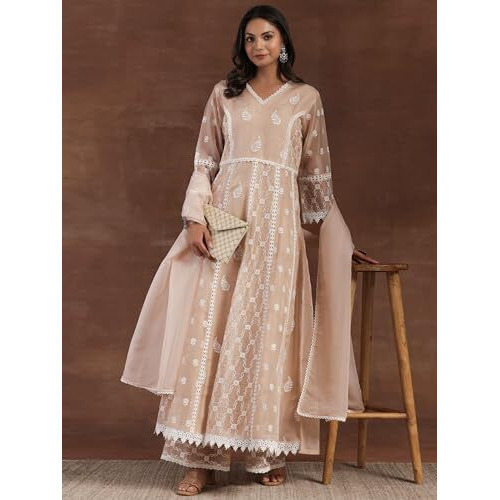 Libas Womens Embroidered Organza A-Line Kurta With Palazzos And Dupatta