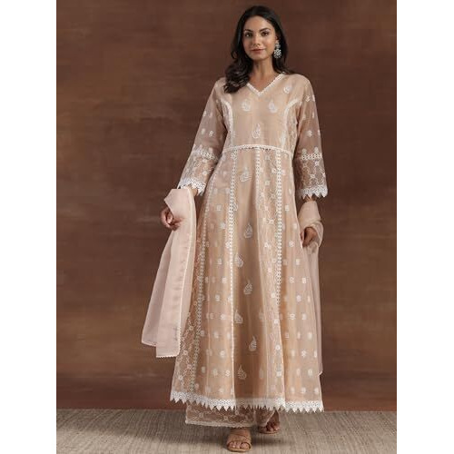Libas Womens Embroidered Organza A-Line Kurta With Palazzos And Dupatta