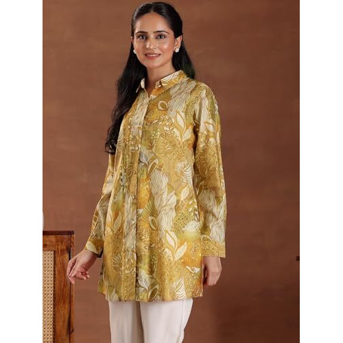 Libas Women's Silk Blend Printed Straight Kurtis (37205_Mustard