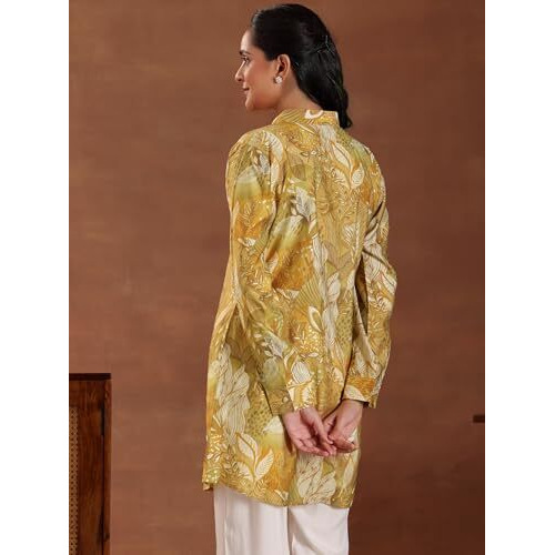 Libas Women's Silk Blend Printed Straight Kurtis (37205_Mustard
