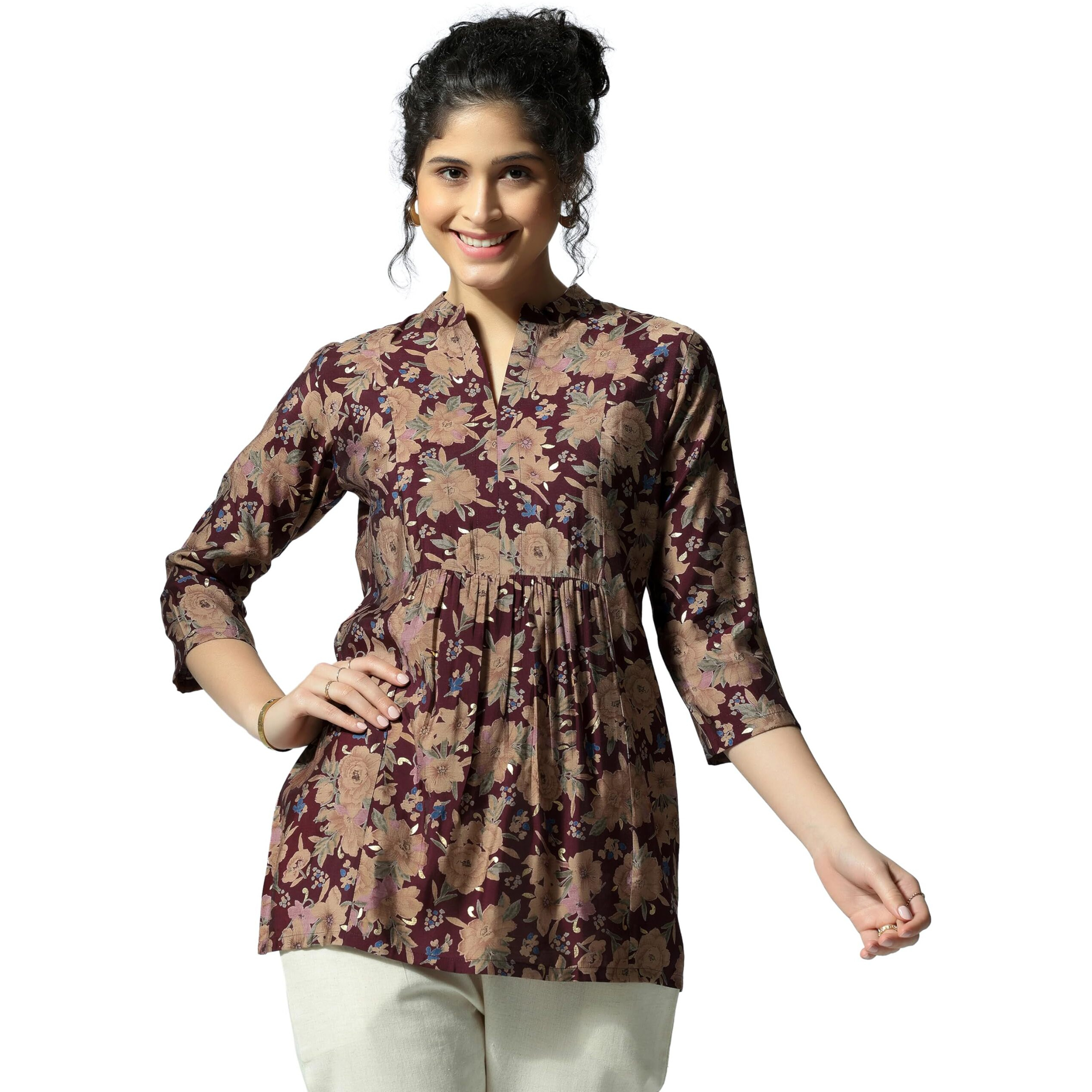 Libas Women's Silk Blend Floral Straight Kurti (37207 Maroon