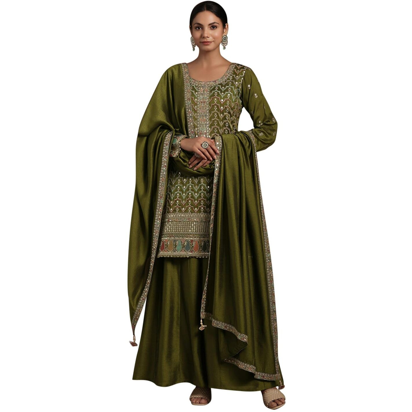 Libas Women's Silk Blend Kurta Sets (48607_Olive