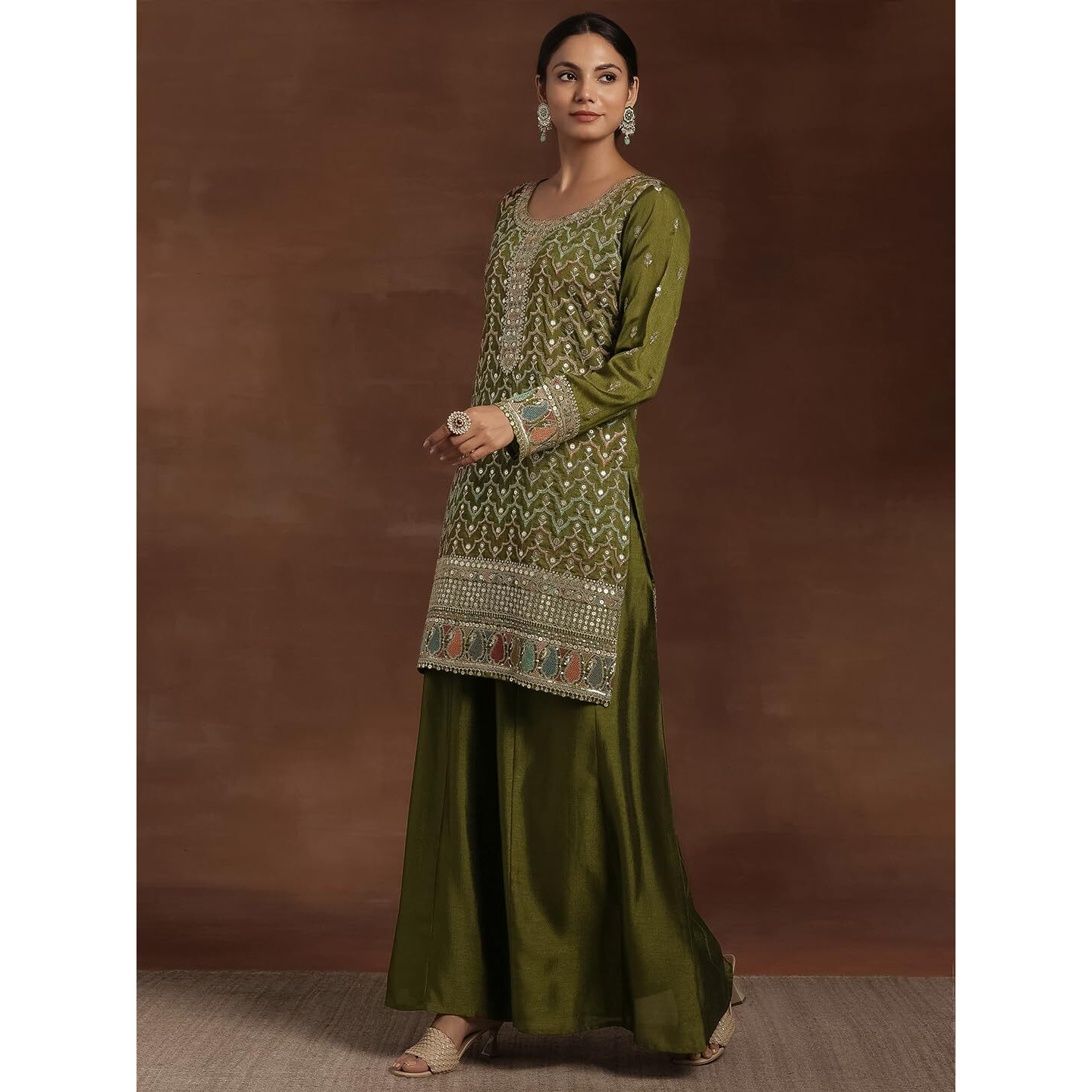 Libas Women's Silk Blend Kurta Sets (48607_Olive