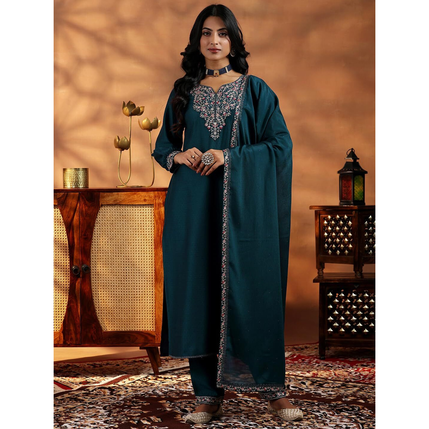 Libas Womens Yoke Design Silk Blend Straight Kurta With Trousers And Dupatta