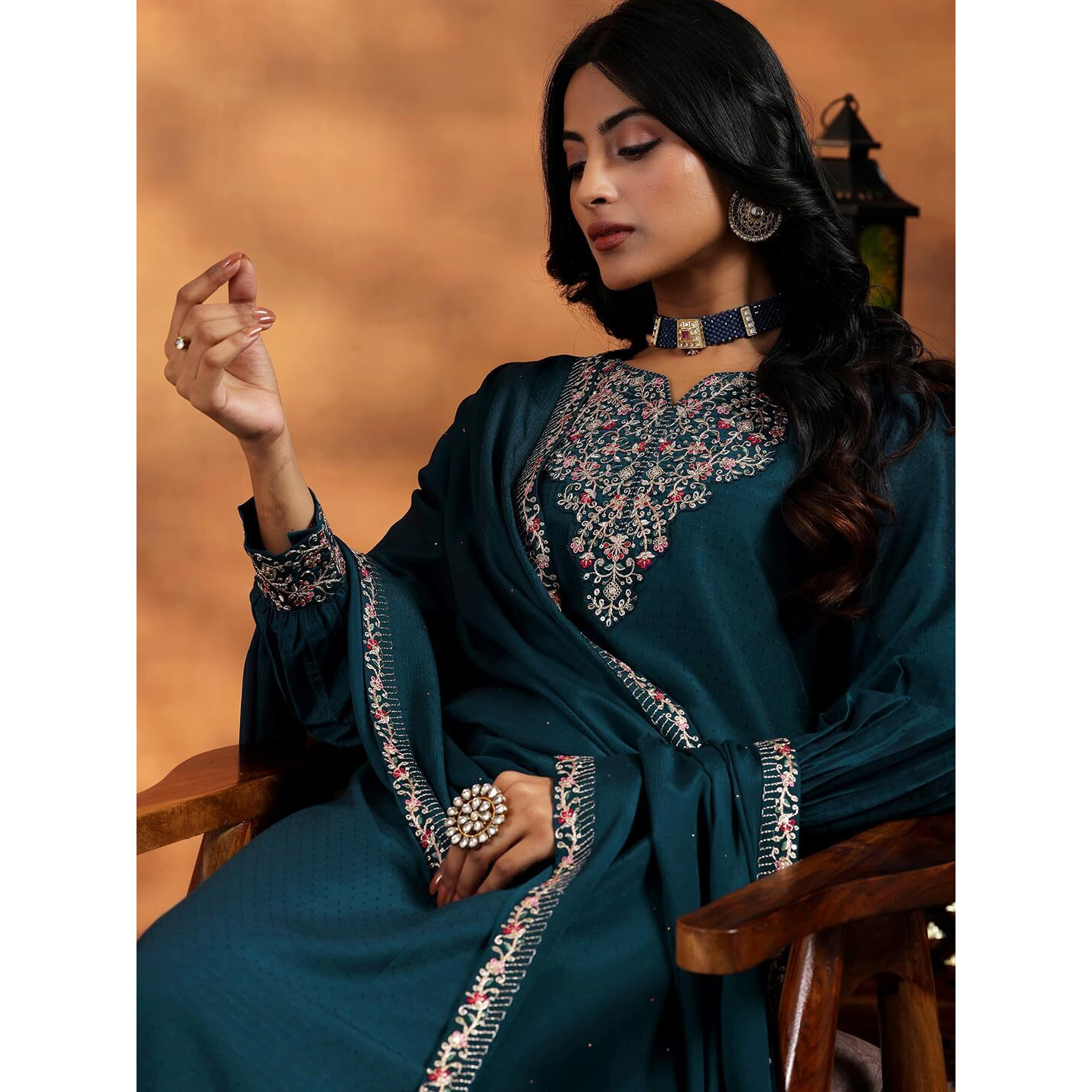 Libas Womens Yoke Design Silk Blend Straight Kurta With Trousers And Dupatta