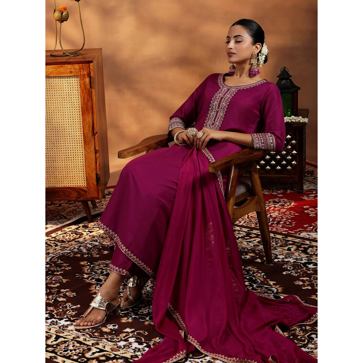 Libas Womens Yoke Design Silk Blend A-Line Kurta With Trousers And Dupatta
