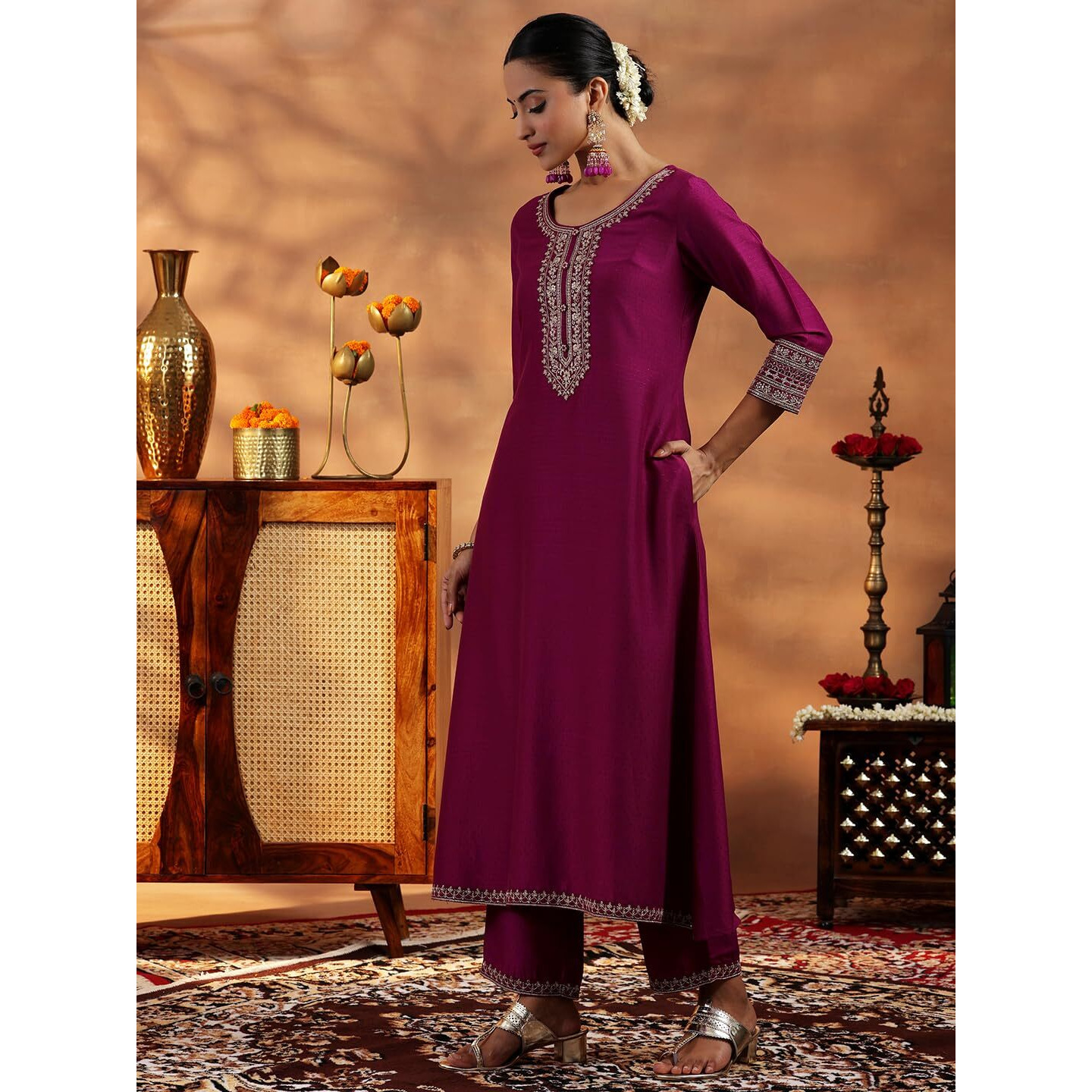 Libas Womens Yoke Design Silk Blend A-Line Kurta With Trousers And Dupatta