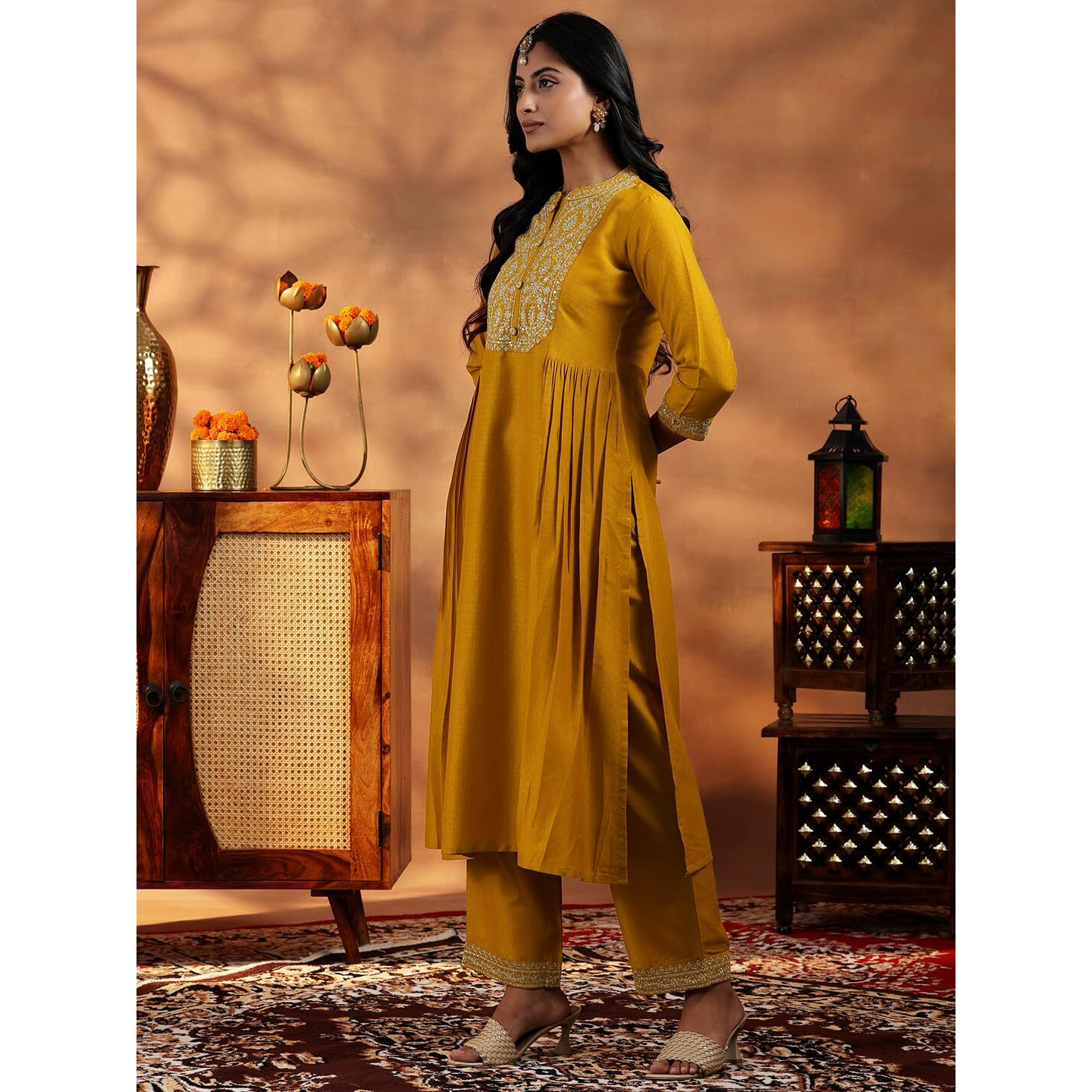 Libas Womens Yoke Design Silk Blend A-Line Kurta With Palazzos And Dupatta