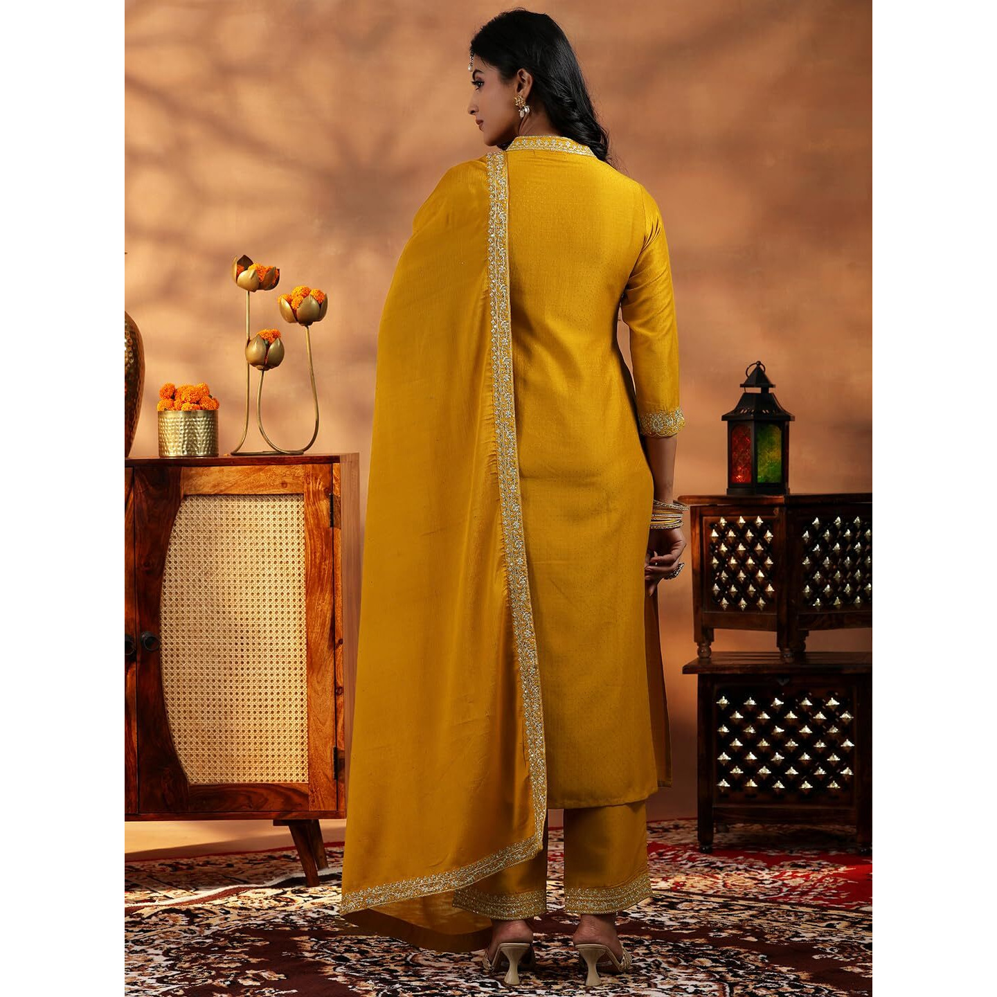 Libas Womens Yoke Design Silk Blend A-Line Kurta With Palazzos And Dupatta