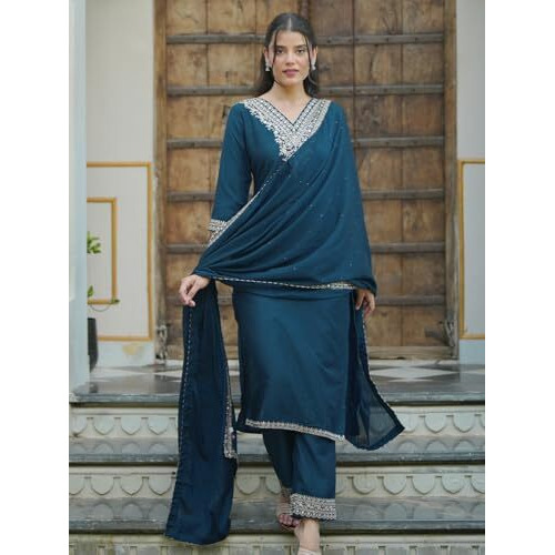 Libas Womens Yoke Design Silk Blend Straight Kurta With Trousers And Dupatta