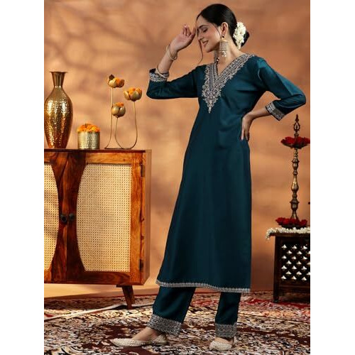 Libas Womens Yoke Design Silk Blend Straight Kurta With Trousers And Dupatta