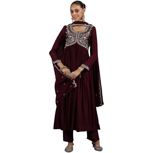 Libas Women's Silk Blend Kurta Set (48579_Wine