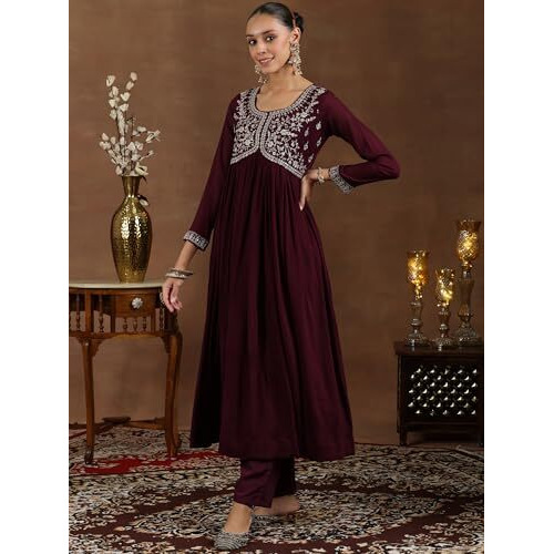 Libas Women's Silk Blend Kurta Set (48579_Wine