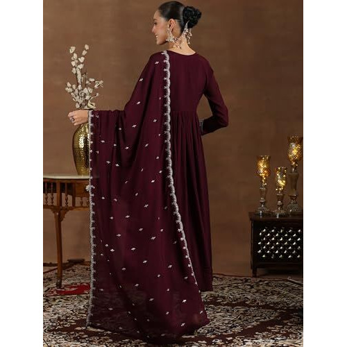Libas Women's Silk Blend Kurta Set (48579_Wine