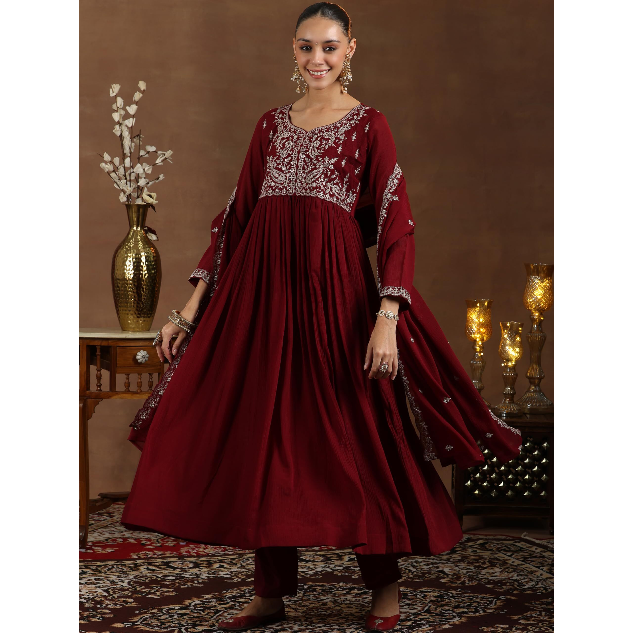 Libas Women's Silk Blend Kurta Set (48581_Maroon