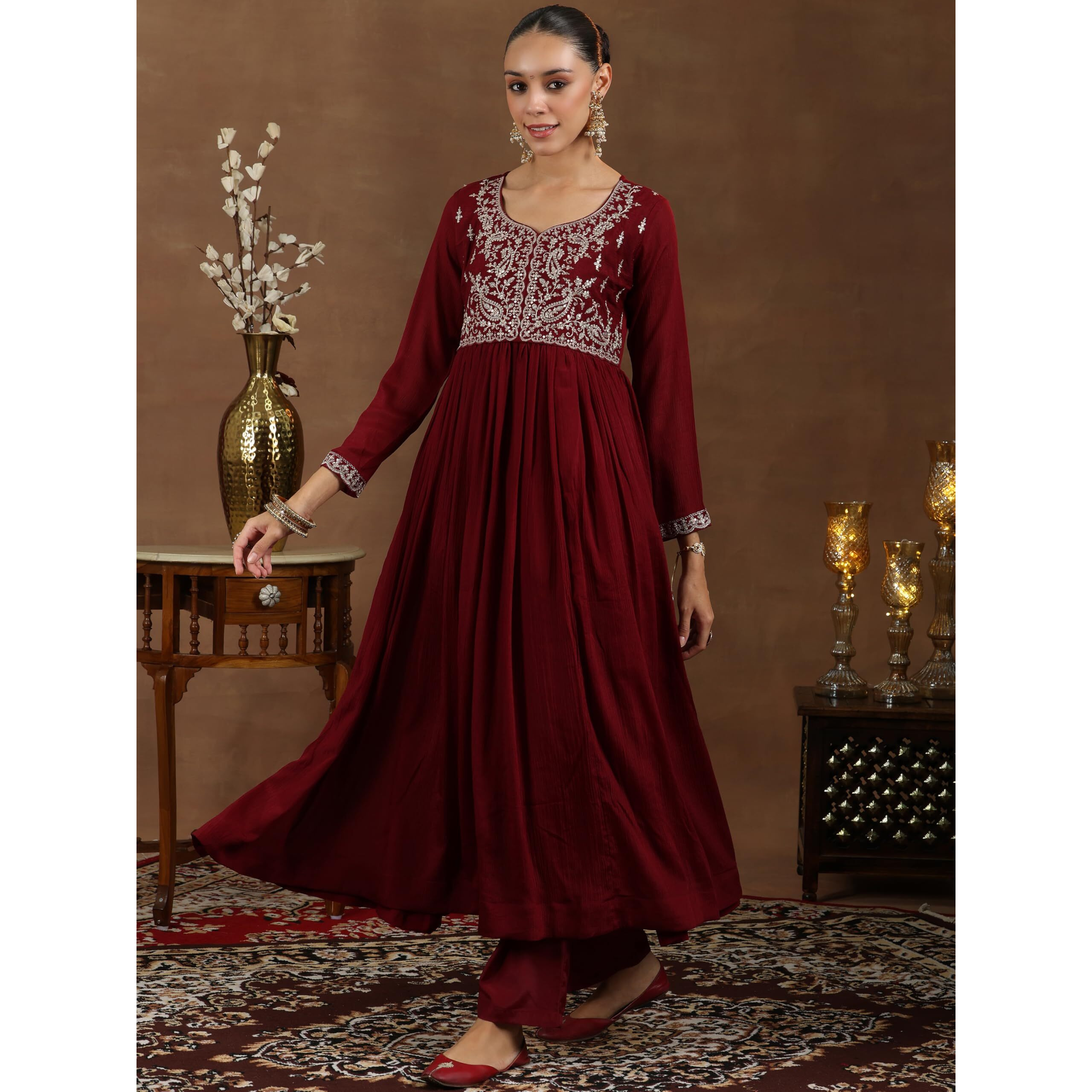 Libas Women's Silk Blend Kurta Set (48581_Maroon