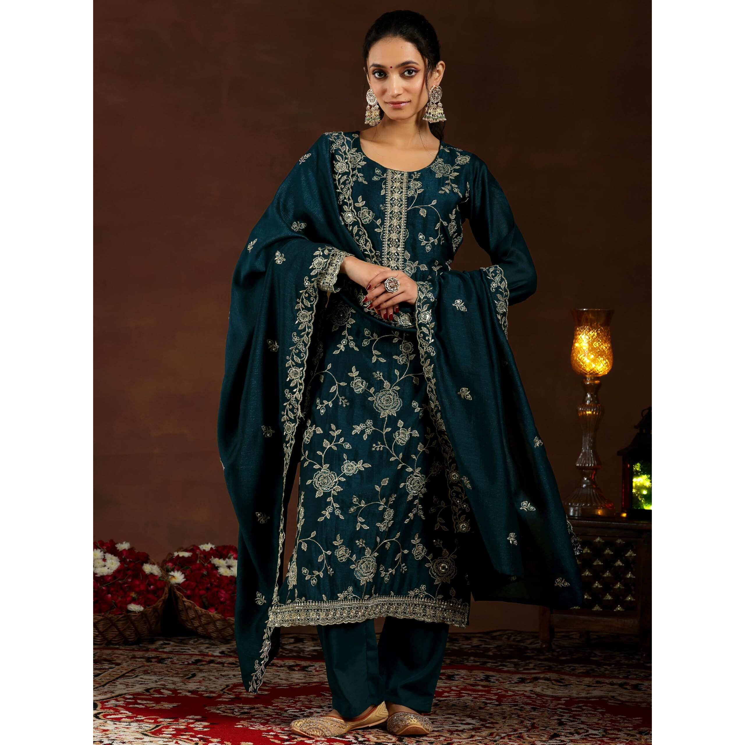 Libas Women's Silk Blend Kurta Set (48584_Teal_M)