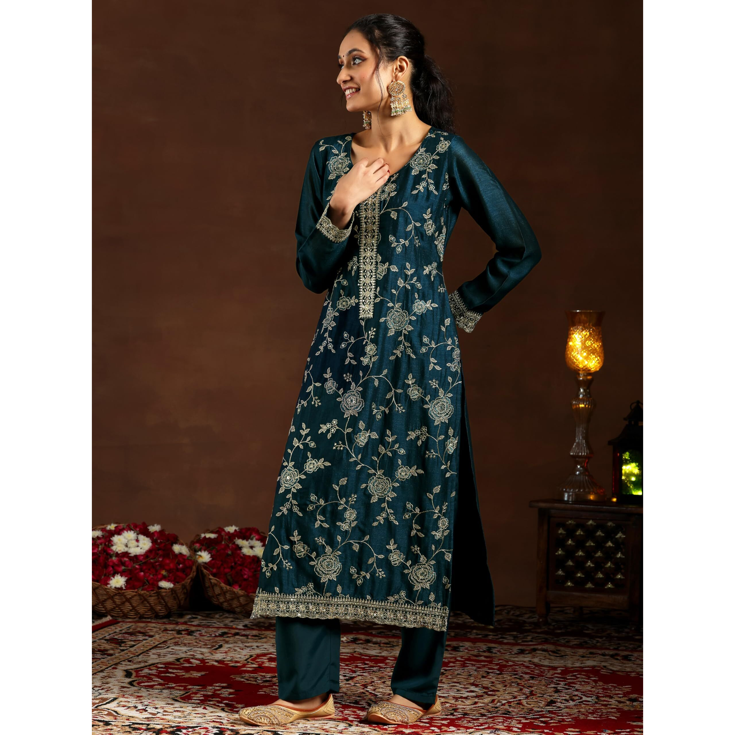 Libas Women's Silk Blend Kurta Set (48584_Teal_M)