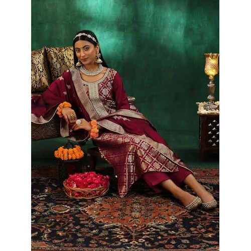 Libas Womens Woven Design Silk Blend Straight Kurta With Trousers And Dupatta