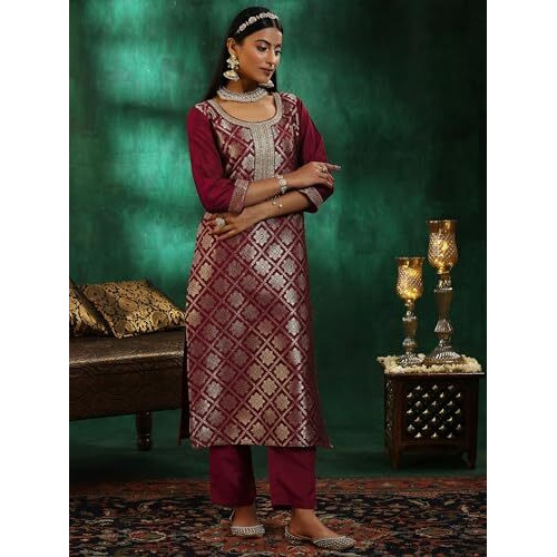 Libas Womens Woven Design Silk Blend Straight Kurta With Trousers And Dupatta