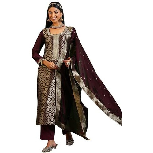 Libas Womens Woven Design Silk Blend Straight Kurta With Palazzos And Dupatta