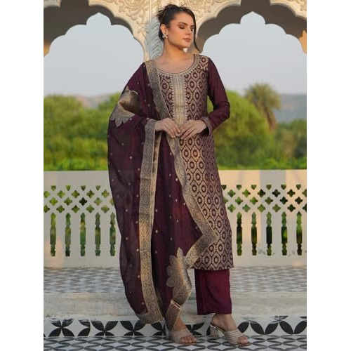 Libas Womens Woven Design Silk Blend Straight Kurta With Palazzos And Dupatta