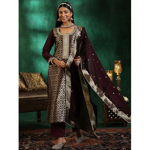 Libas Womens Woven Design Silk Blend Straight Kurta With Palazzos And Dupatta