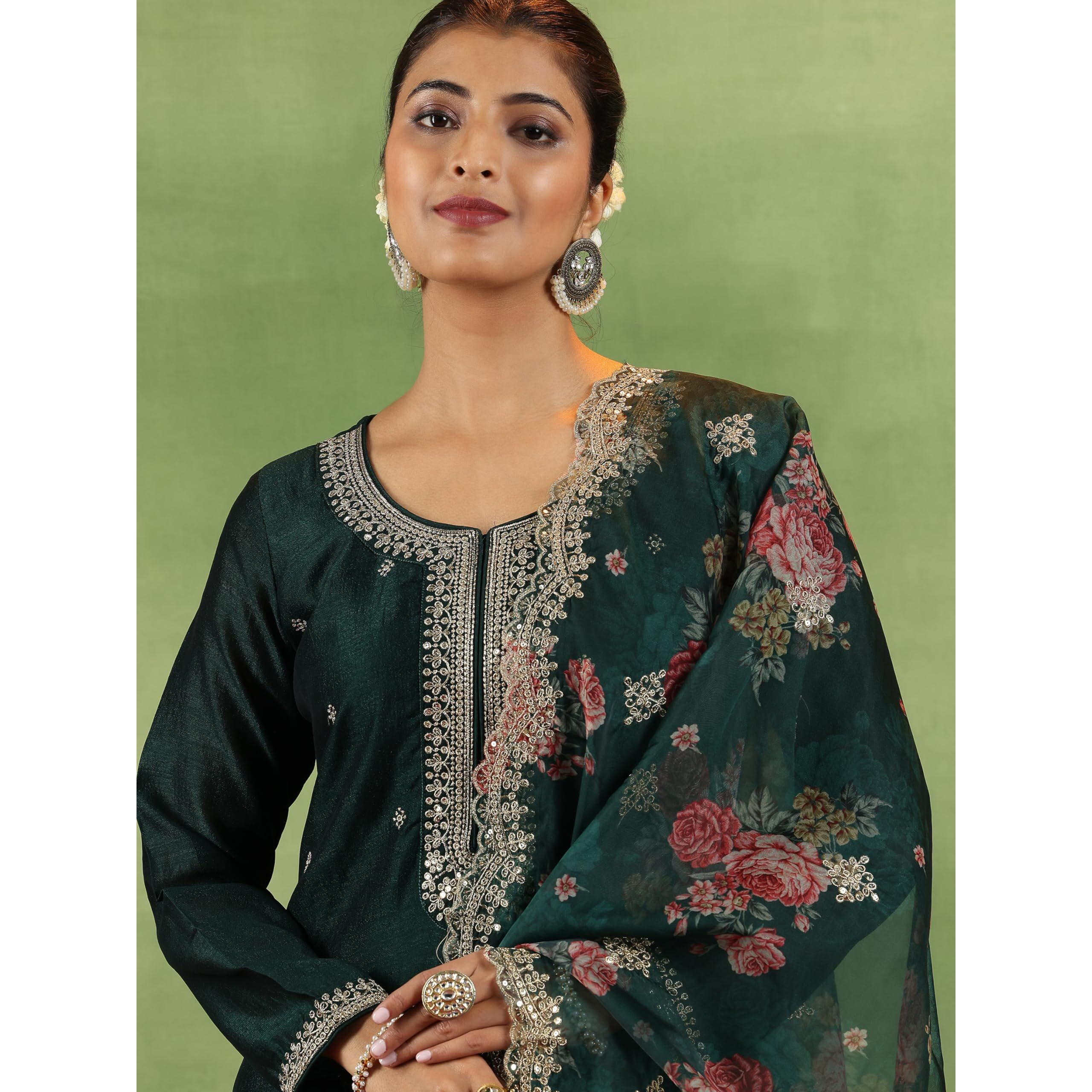 Libas Women's Silk Blend Kurta Set (48601_Green