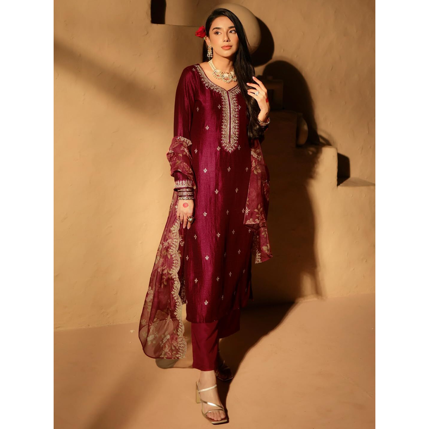 Libas Women's Silk Blend Kurta Set (48604_Maroon