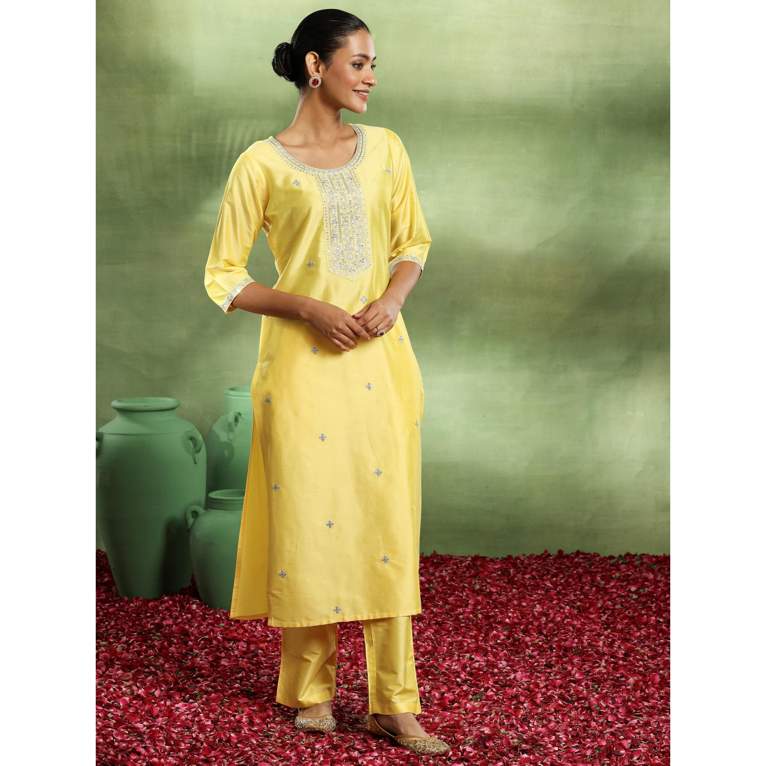 Libas Gerua Womens Embroidered Silk Blend Straight Kurta With Trousers And Dupatta