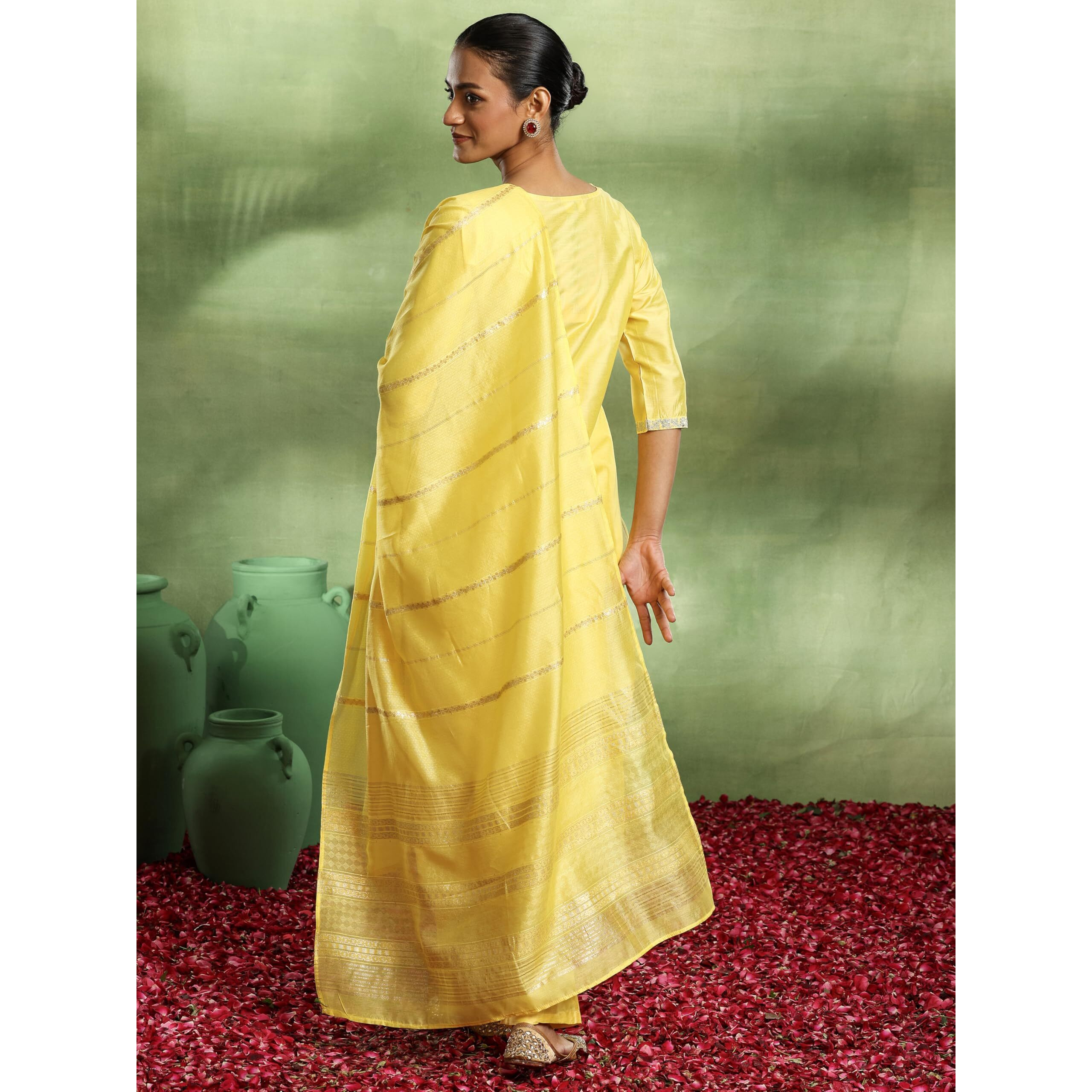 Libas Gerua Womens Embroidered Silk Blend Straight Kurta With Trousers And Dupatta