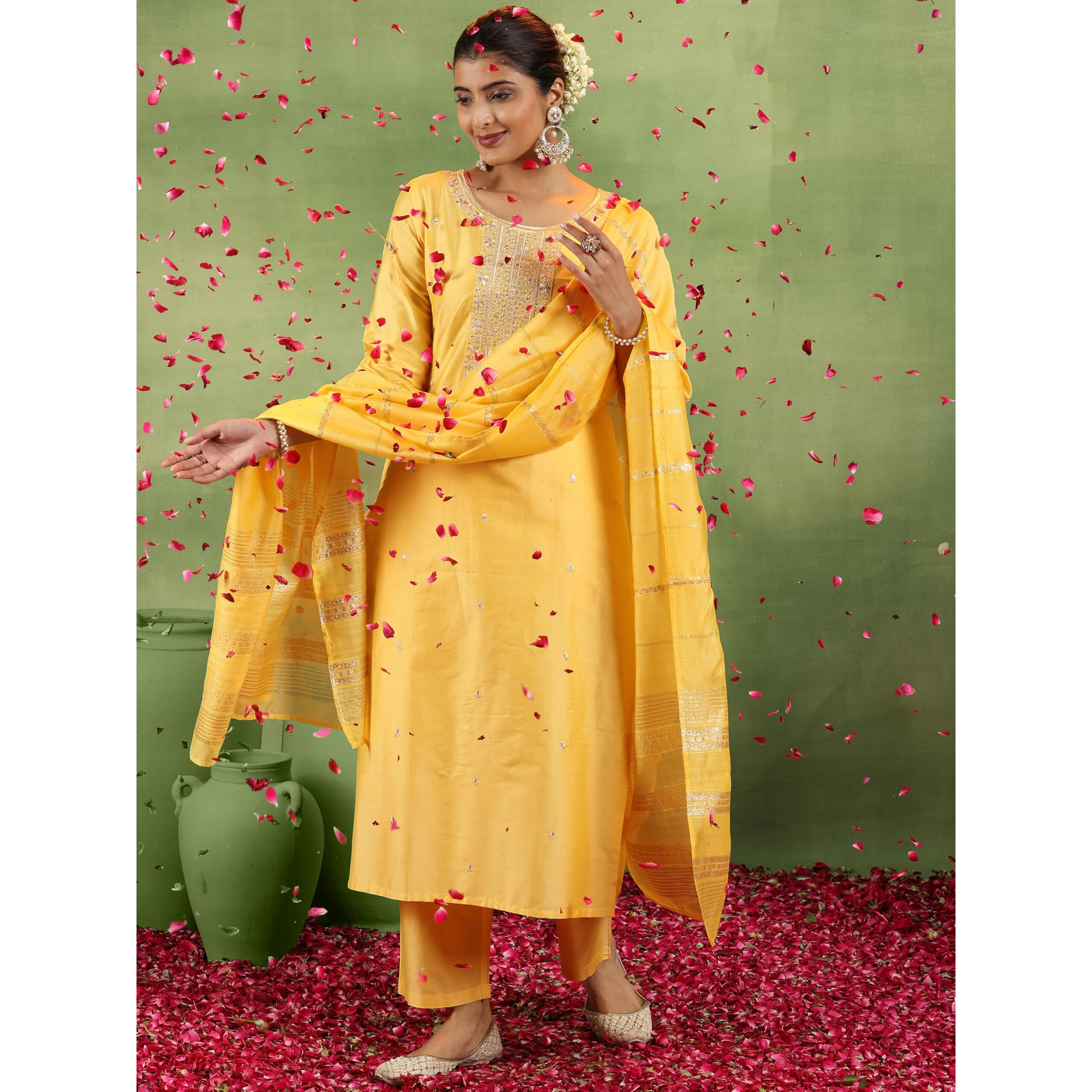Libas Gerua Womens Embroidered Silk Blend Straight Kurta With Trousers And Dupatta