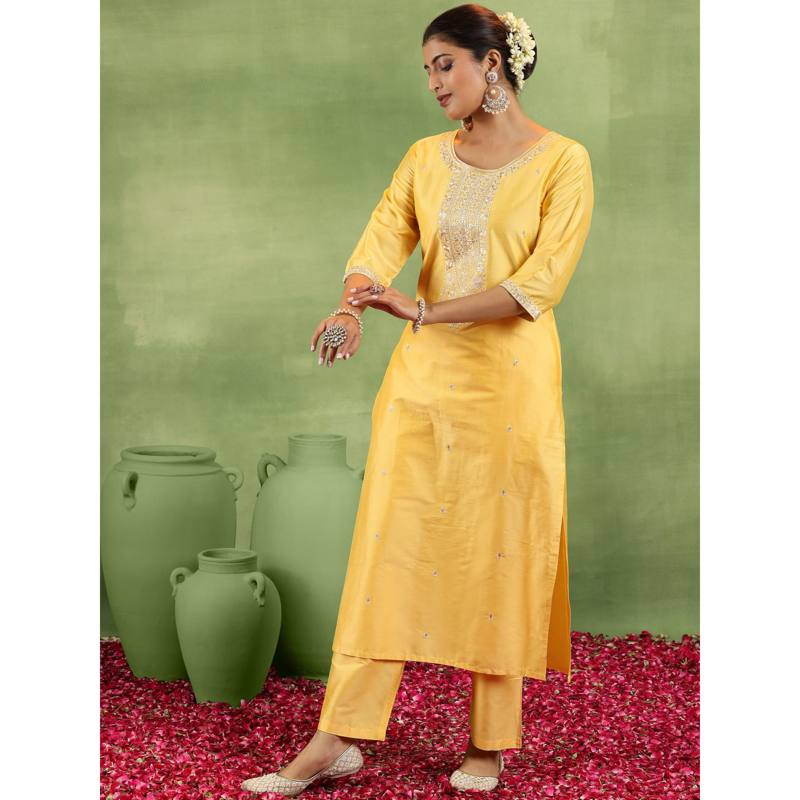 Libas Gerua Womens Embroidered Silk Blend Straight Kurta With Trousers And Dupatta