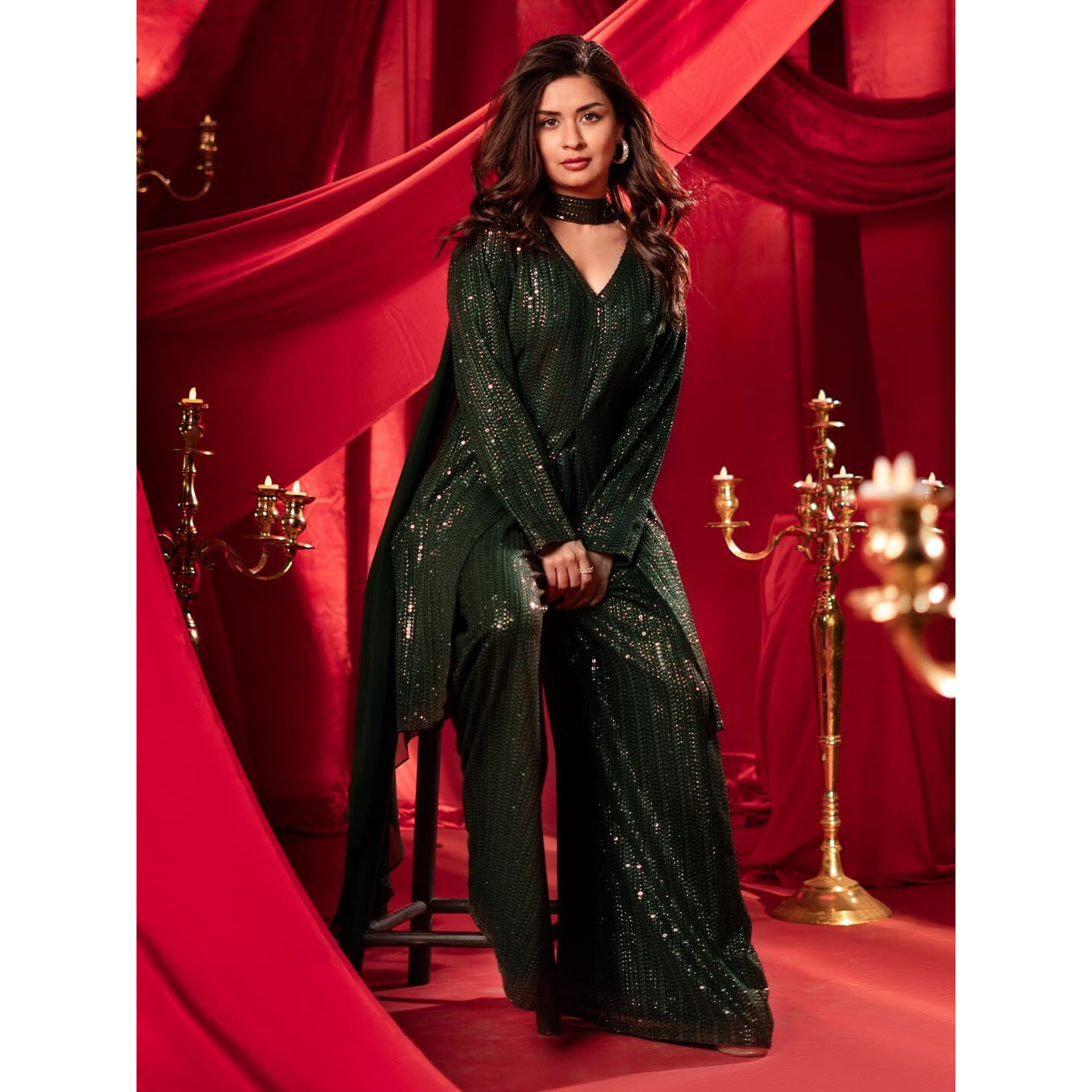Libas Art Womens Embroidered Georgette A-Line Kurta With Palazzos And Dupatta