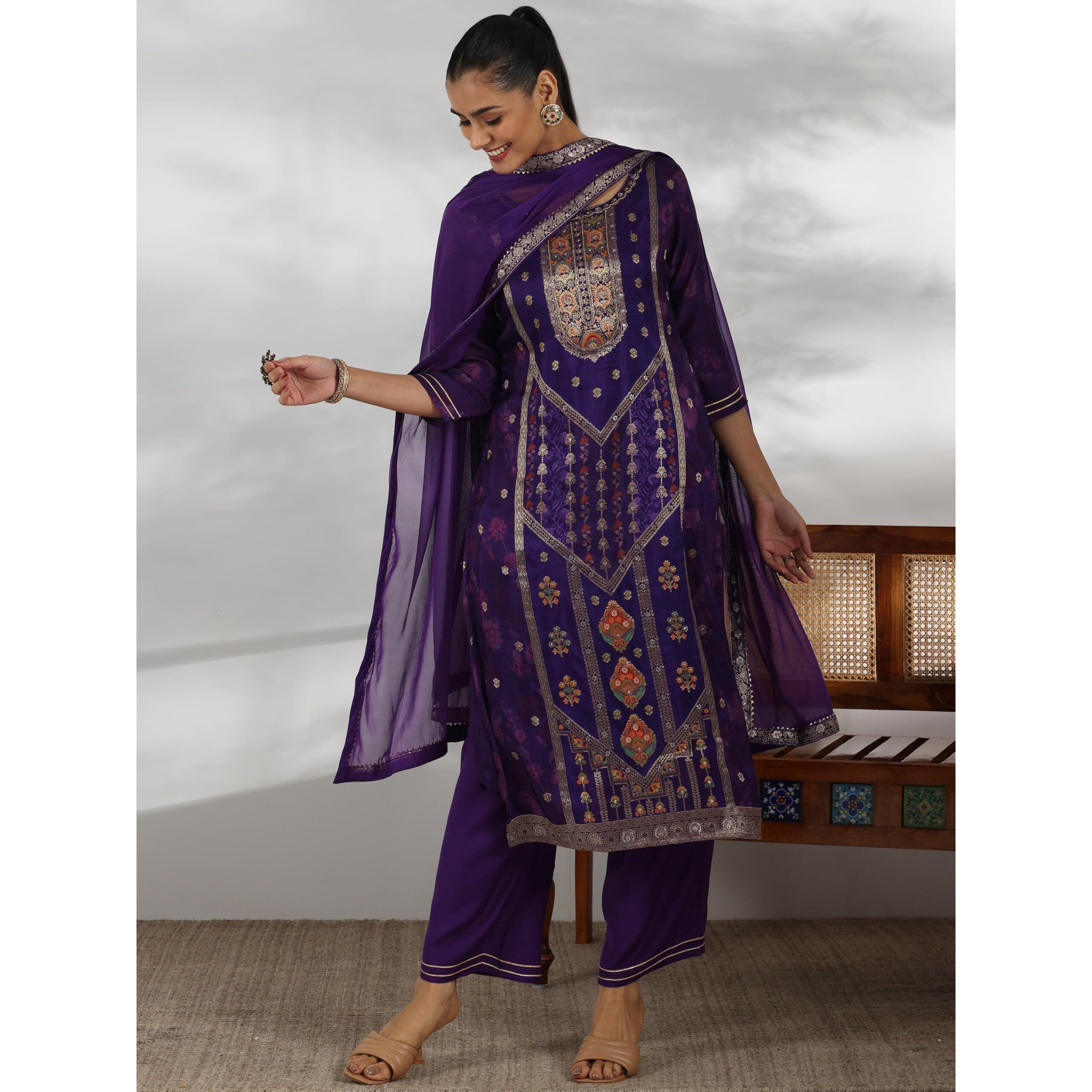 Libas Women's Silk Blend Kurta Set (48656_Purple