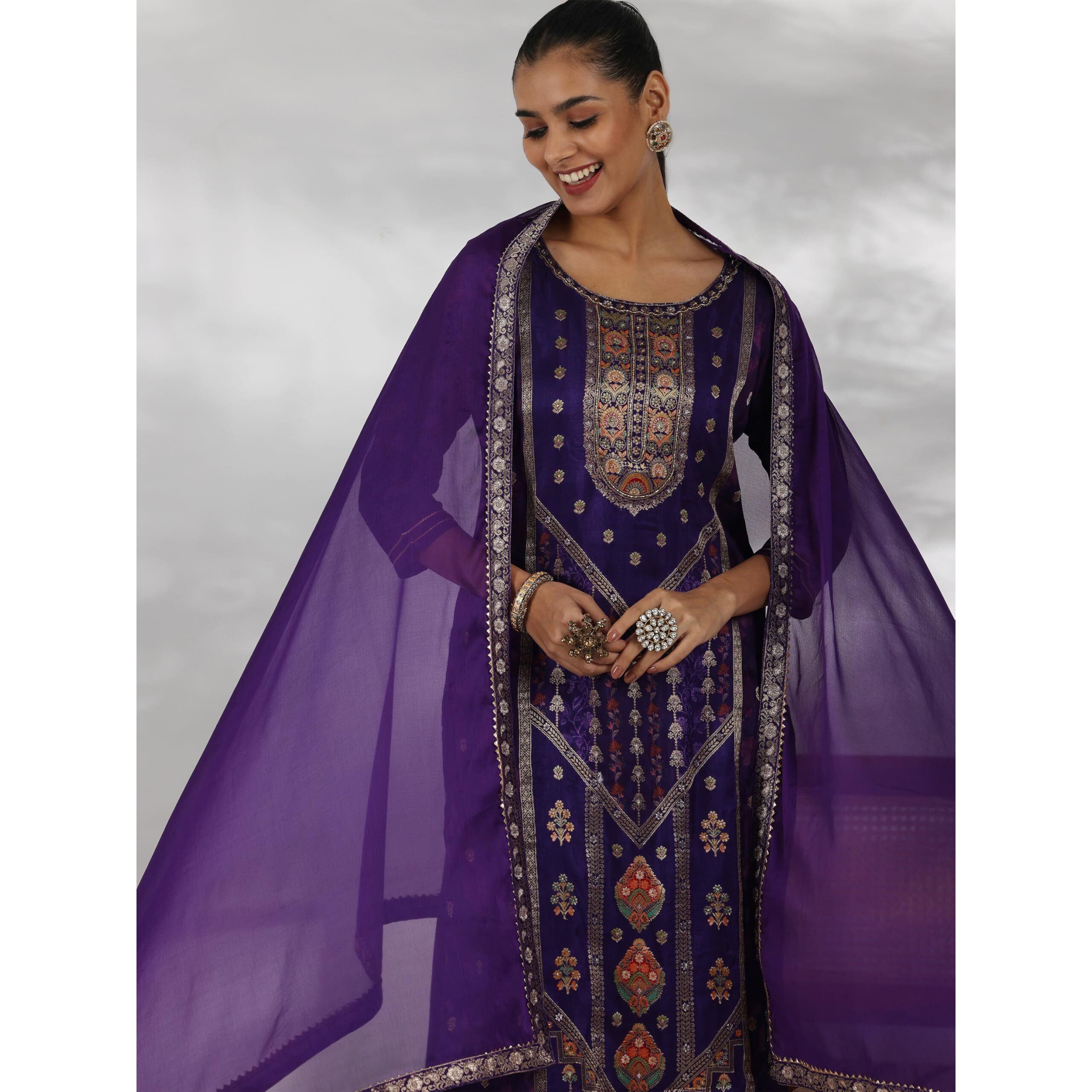 Libas Women's Silk Blend Kurta Set (48656_Purple