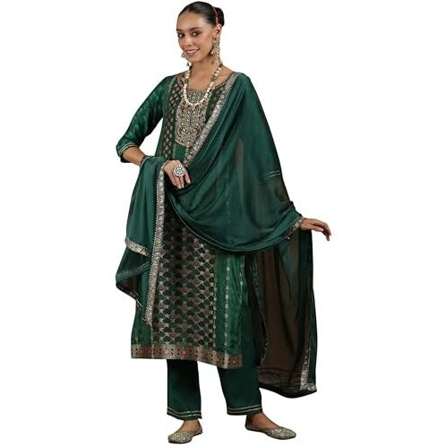 Libas Women's Silk Blend Kurta Set (48659_Green