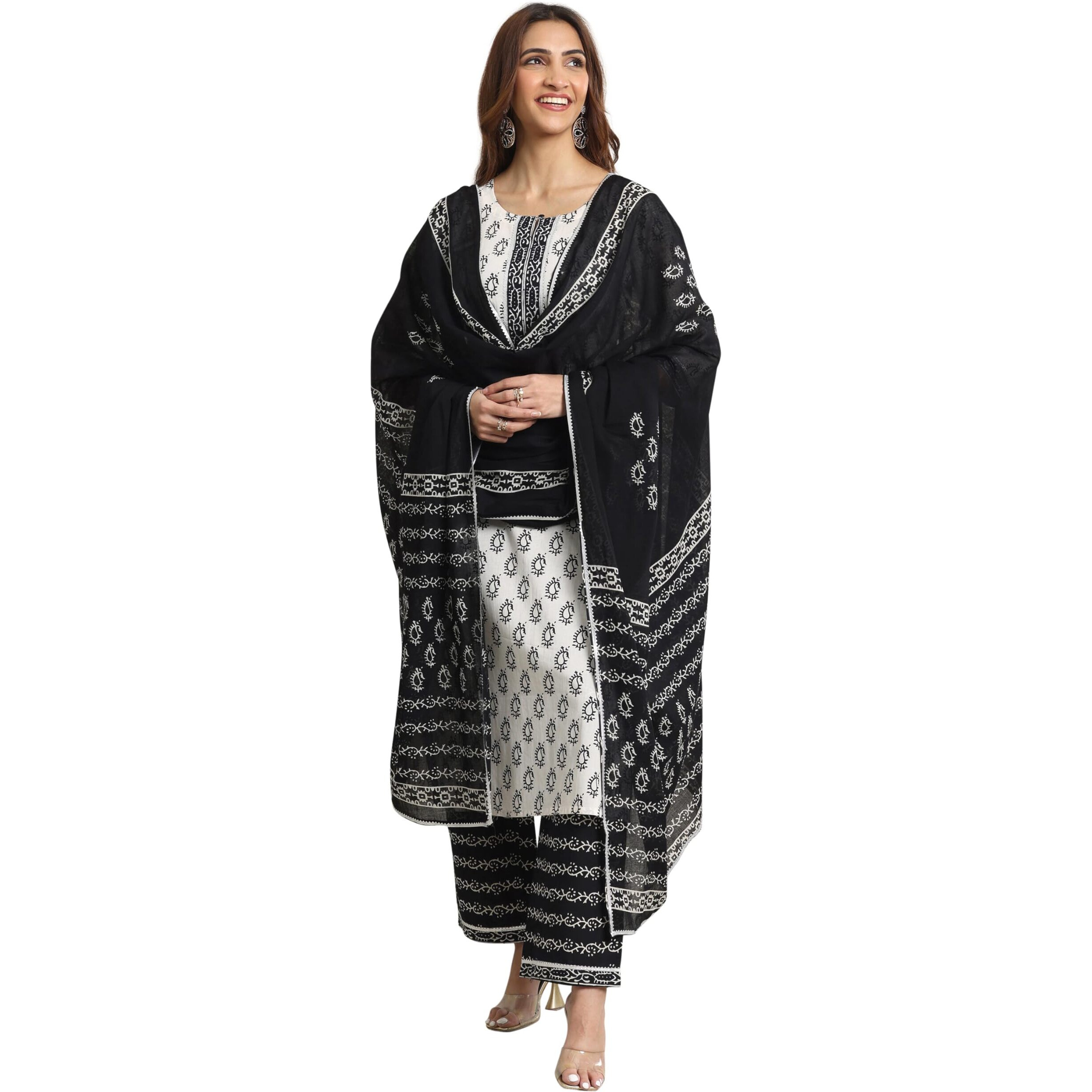 Libas Womens Printed Cotton Straight Kurta With Trousers And Dupatta