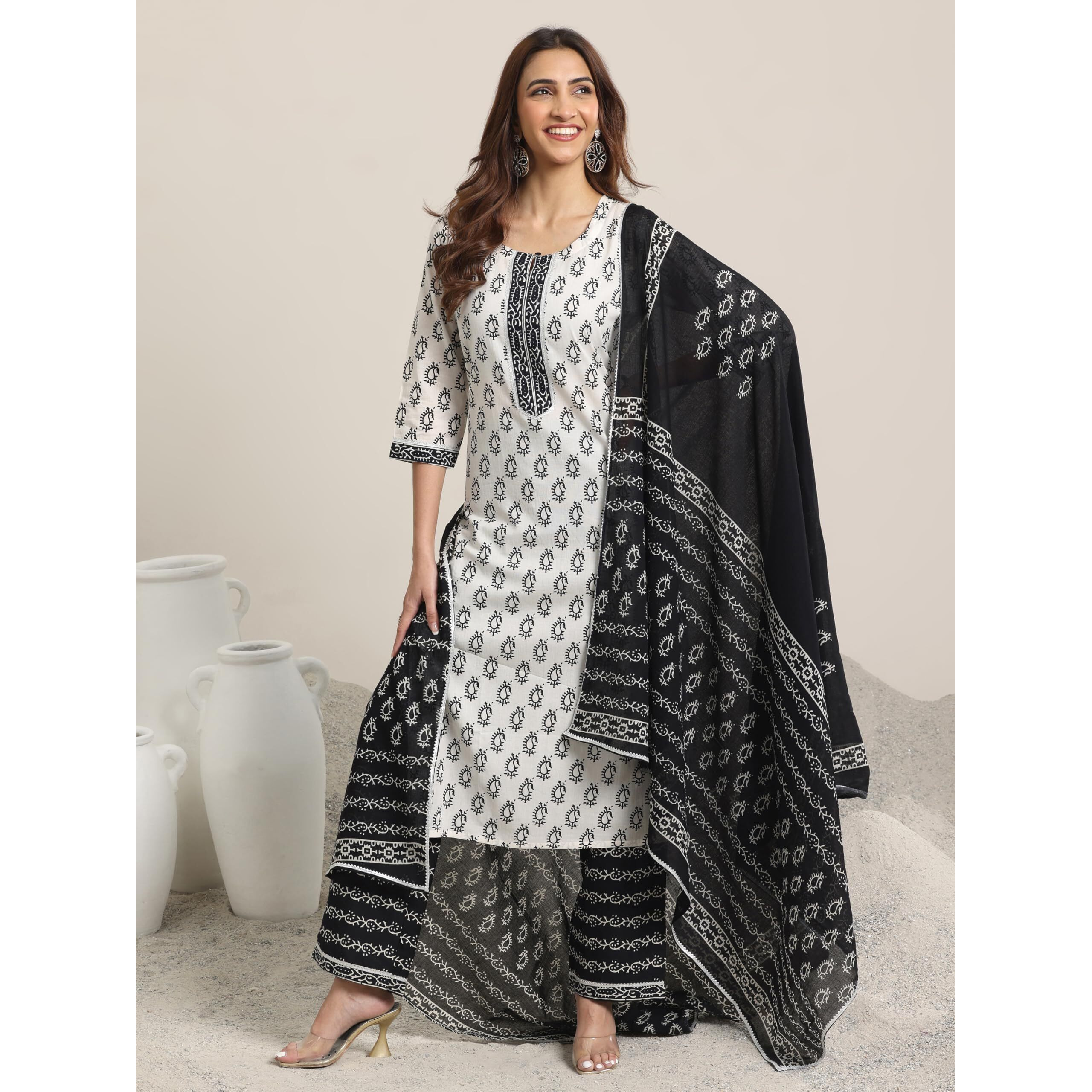 Libas Womens Printed Cotton Straight Kurta With Trousers And Dupatta
