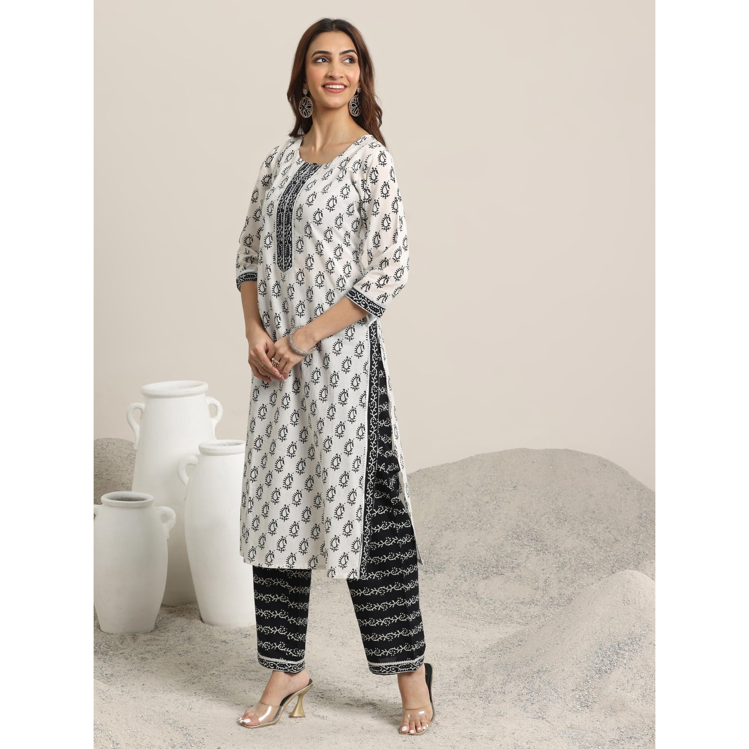 Libas Womens Printed Cotton Straight Kurta With Trousers And Dupatta