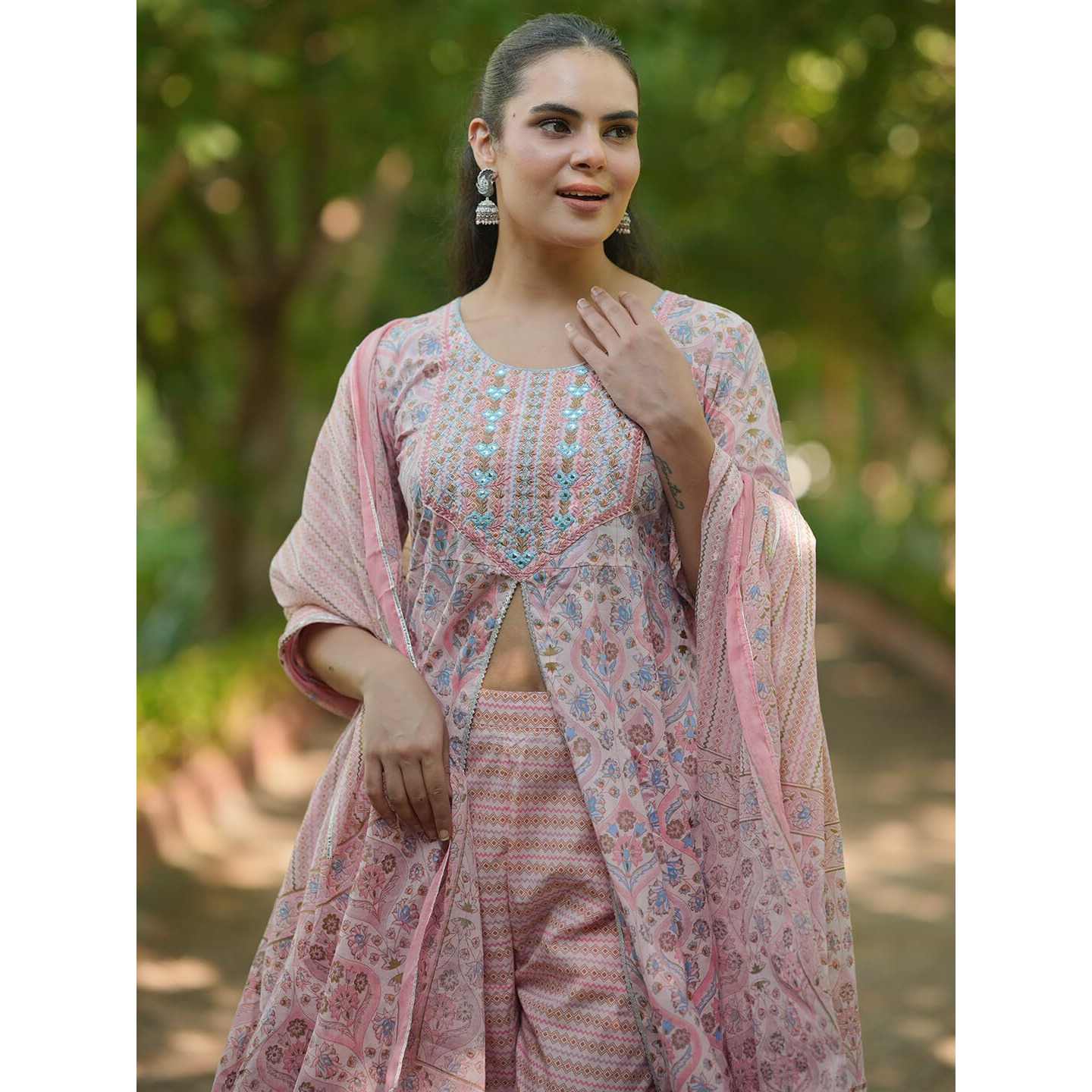 Libas Womens Printed Cotton A-Line Kurta With Palazzos And Dupatta