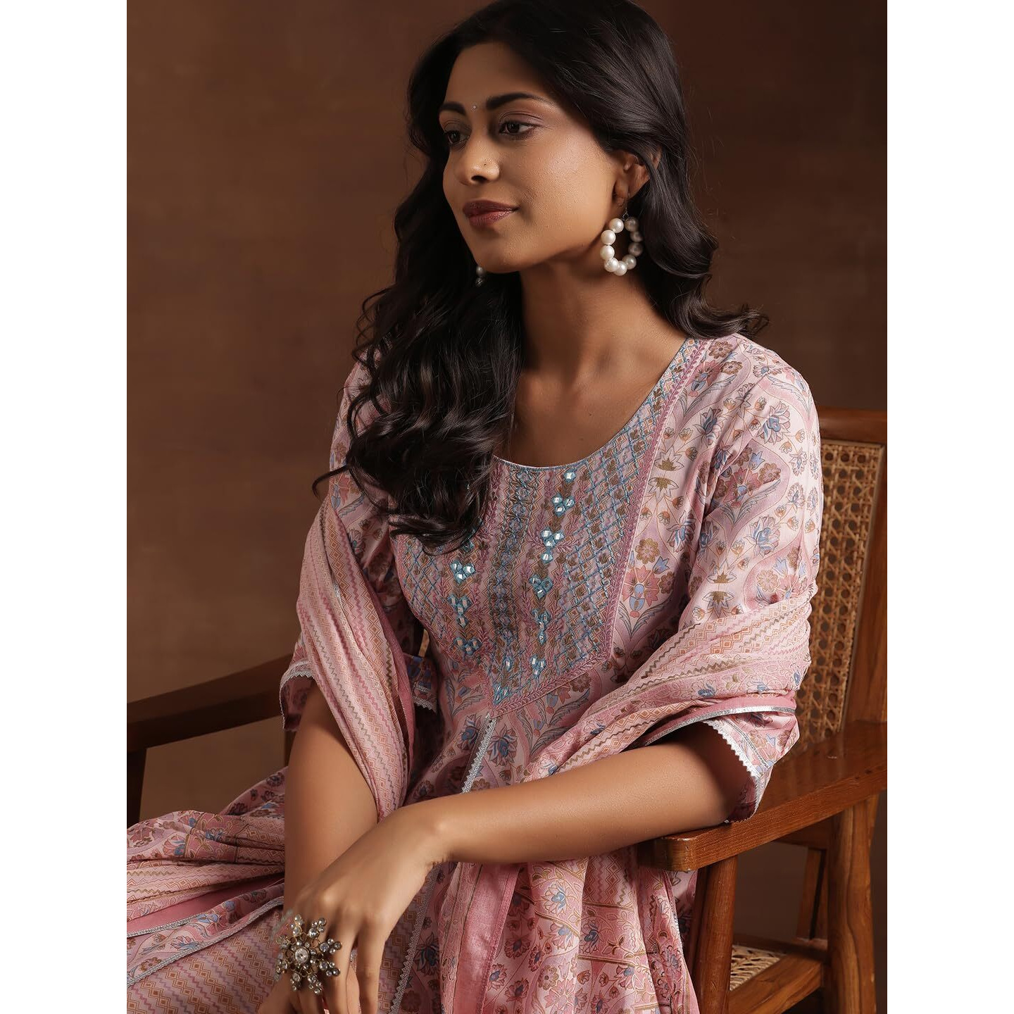 Libas Womens Printed Cotton A-Line Kurta With Palazzos And Dupatta