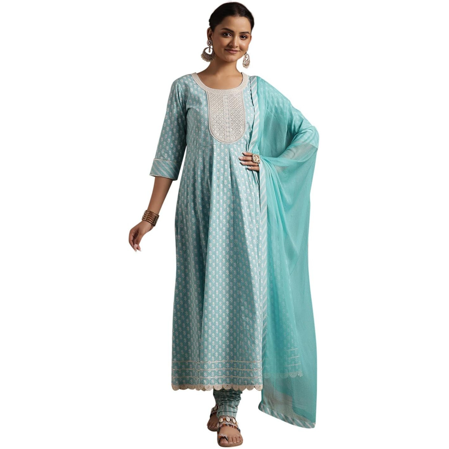 Libas Womens Printed Cotton A-Line Kurta With Churidar And Dupatta