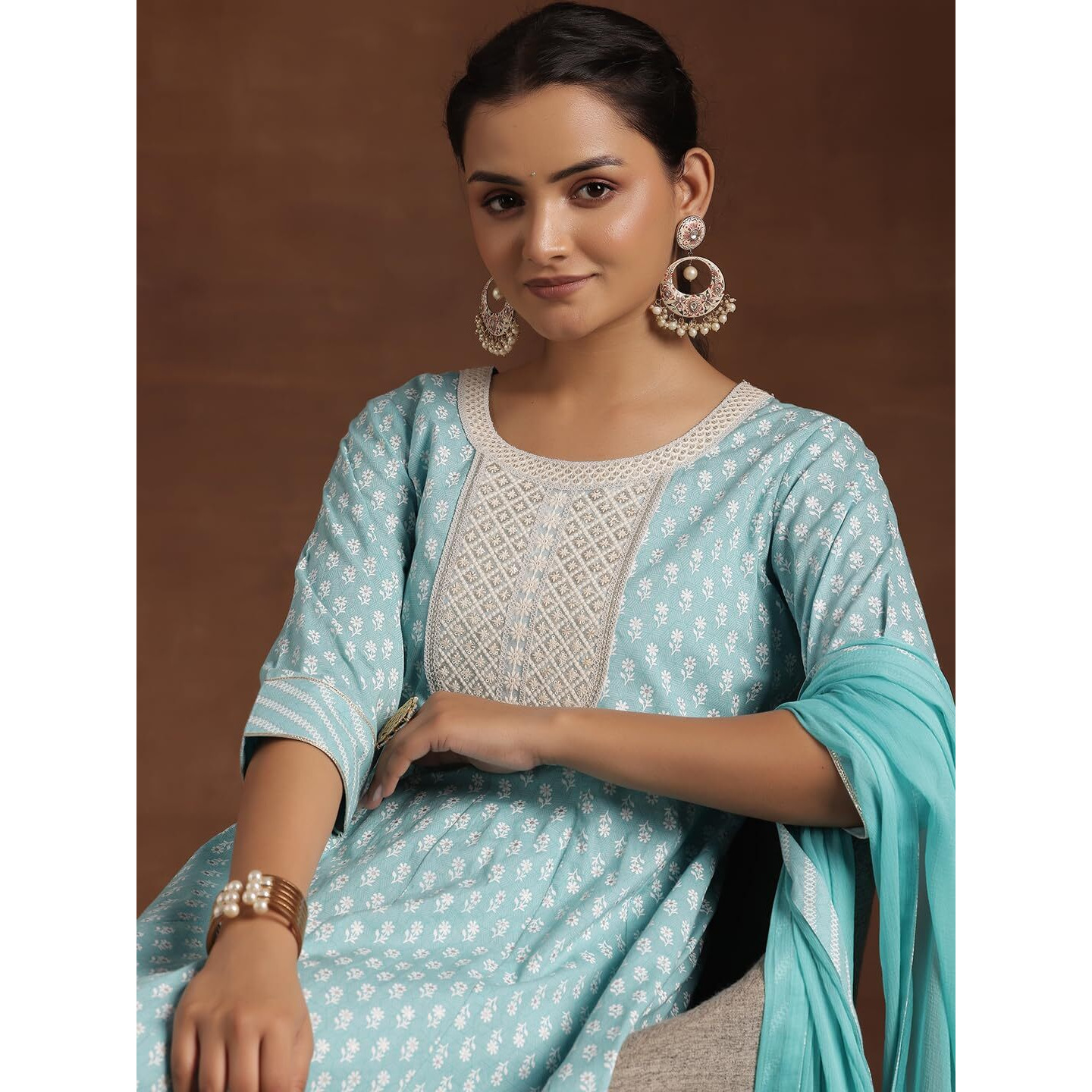 Libas Womens Printed Cotton A-Line Kurta With Churidar And Dupatta