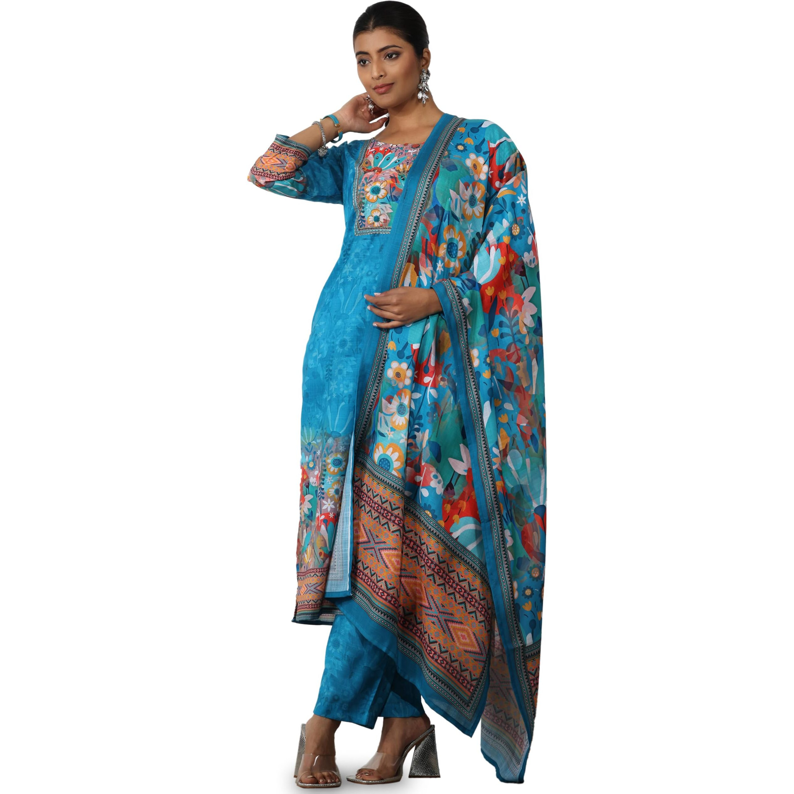 Libas Women's Linen Kurta Set (27837_Blue