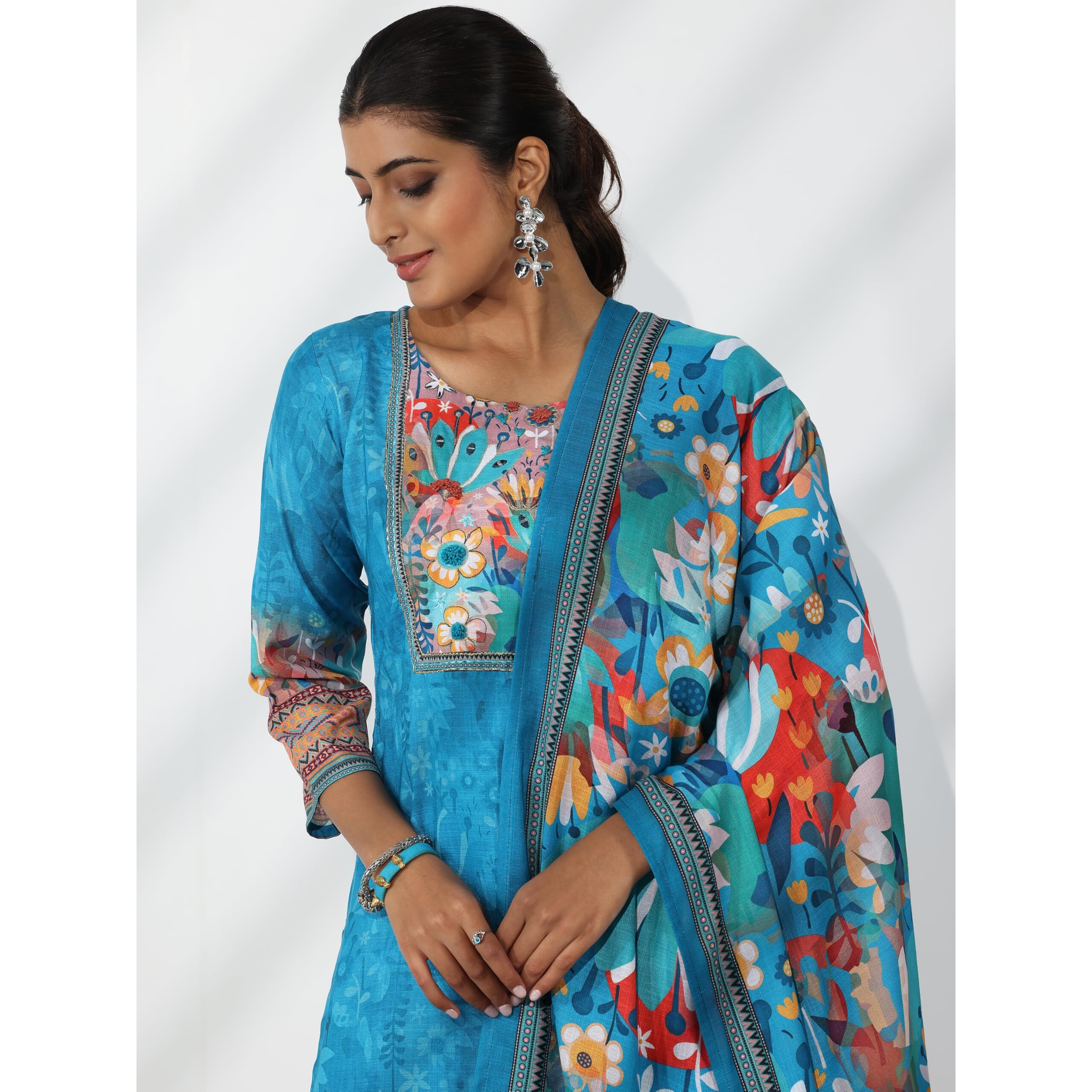 Libas Women's Linen Kurta Set (27837_Blue